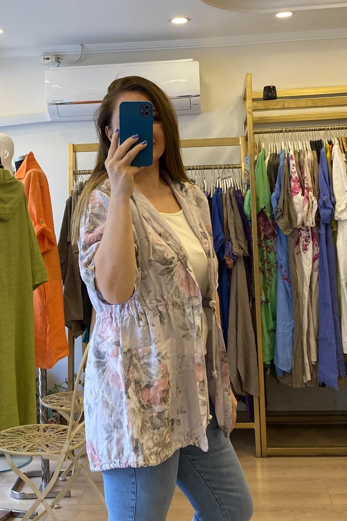 Beli Büzgülü Keten Ceket Gri