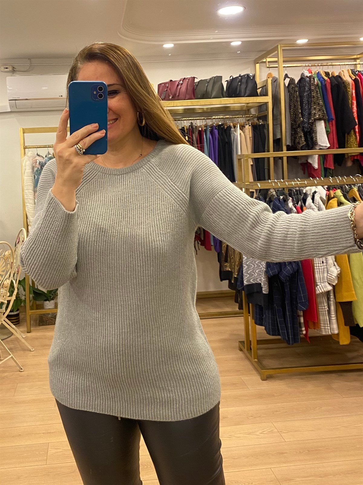 Bisiklet Yaka Reglan Kol Kazak Gri