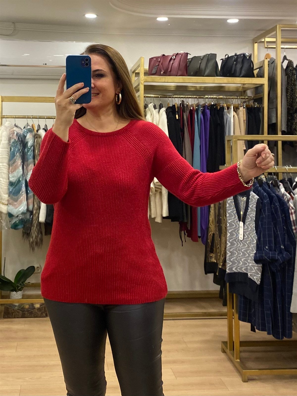 Bisiklet Yaka Reglan Kol Kazak Kırmızı