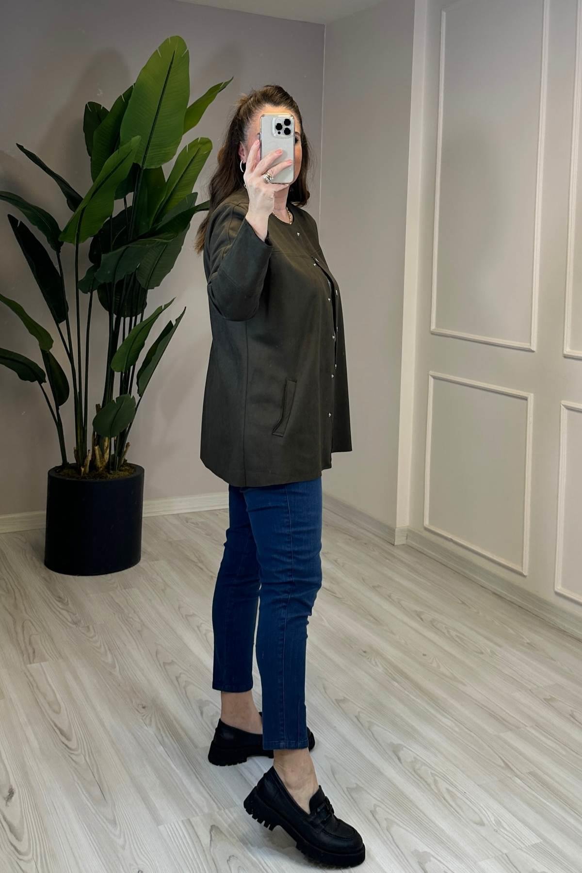 Bisiklet Yaka Uzun Kol Nubuk Kaban Haki