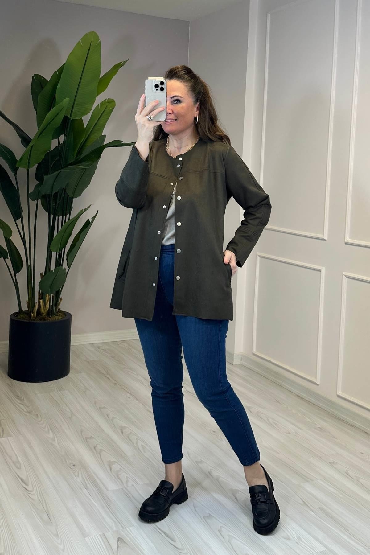 Bisiklet Yaka Uzun Kol Nubuk Kaban Haki