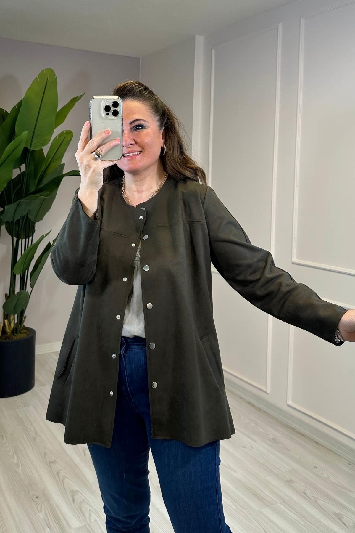 Bisiklet Yaka Uzun Kol Nubuk Kaban Haki