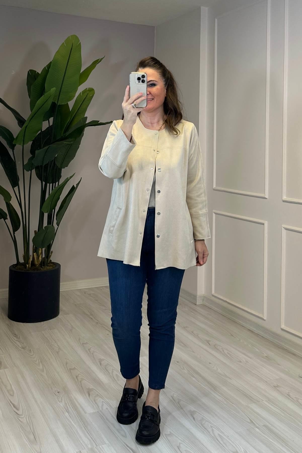 Bisiklet Yaka Uzun Kol Nubuk Kaban Krem