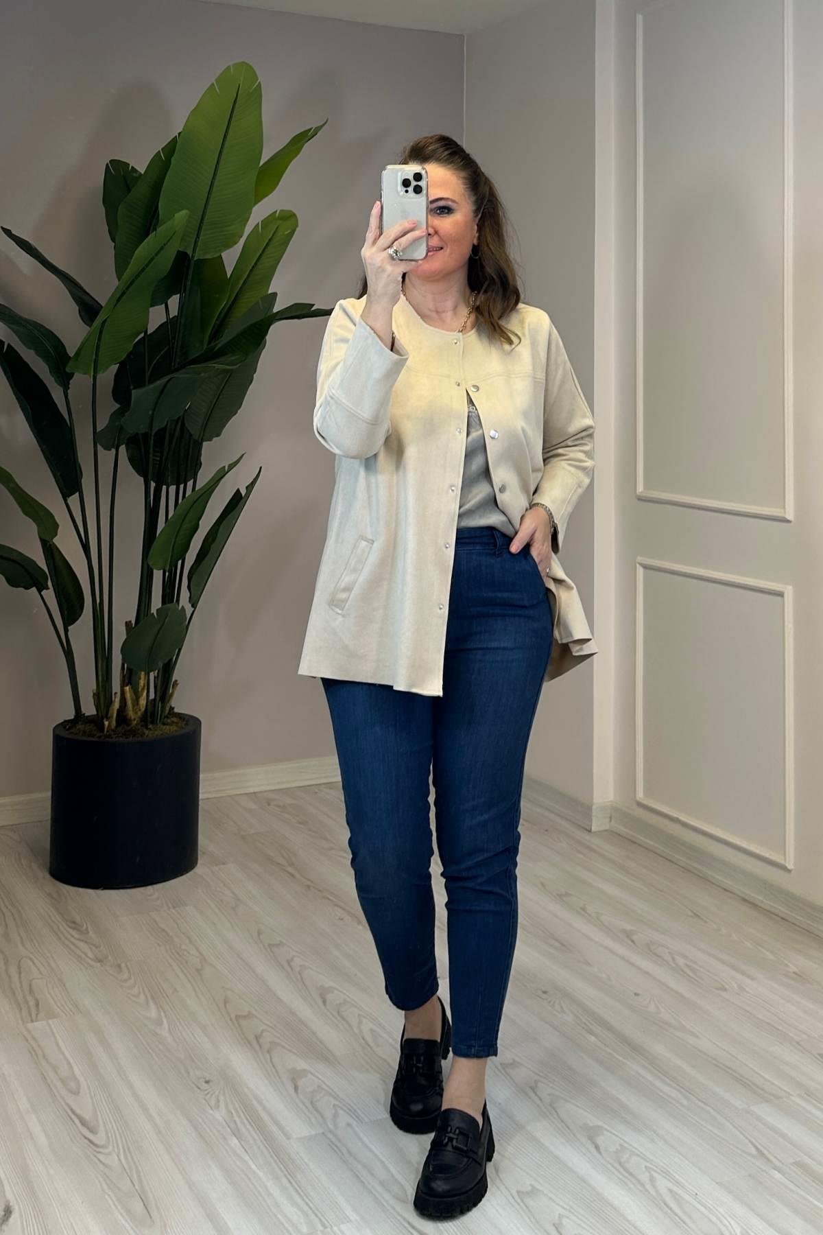 Bisiklet Yaka Uzun Kol Nubuk Kaban Krem