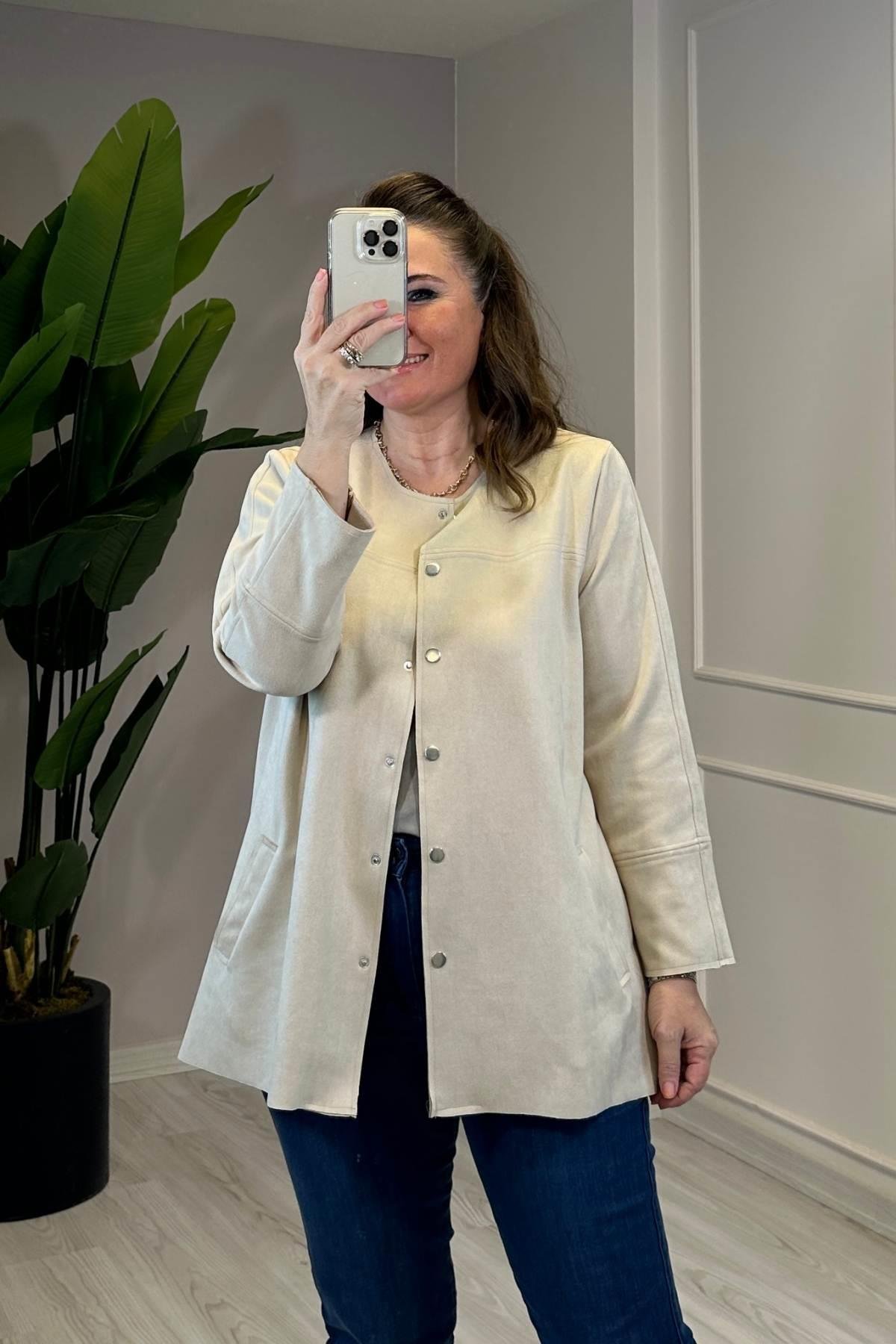 Bisiklet Yaka Uzun Kol Nubuk Kaban Krem