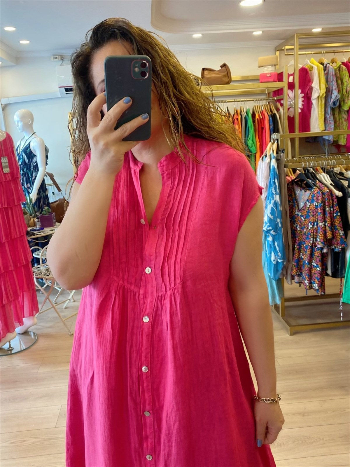 Biye Dikişli Düşük Kol Keten Elbise Pembe