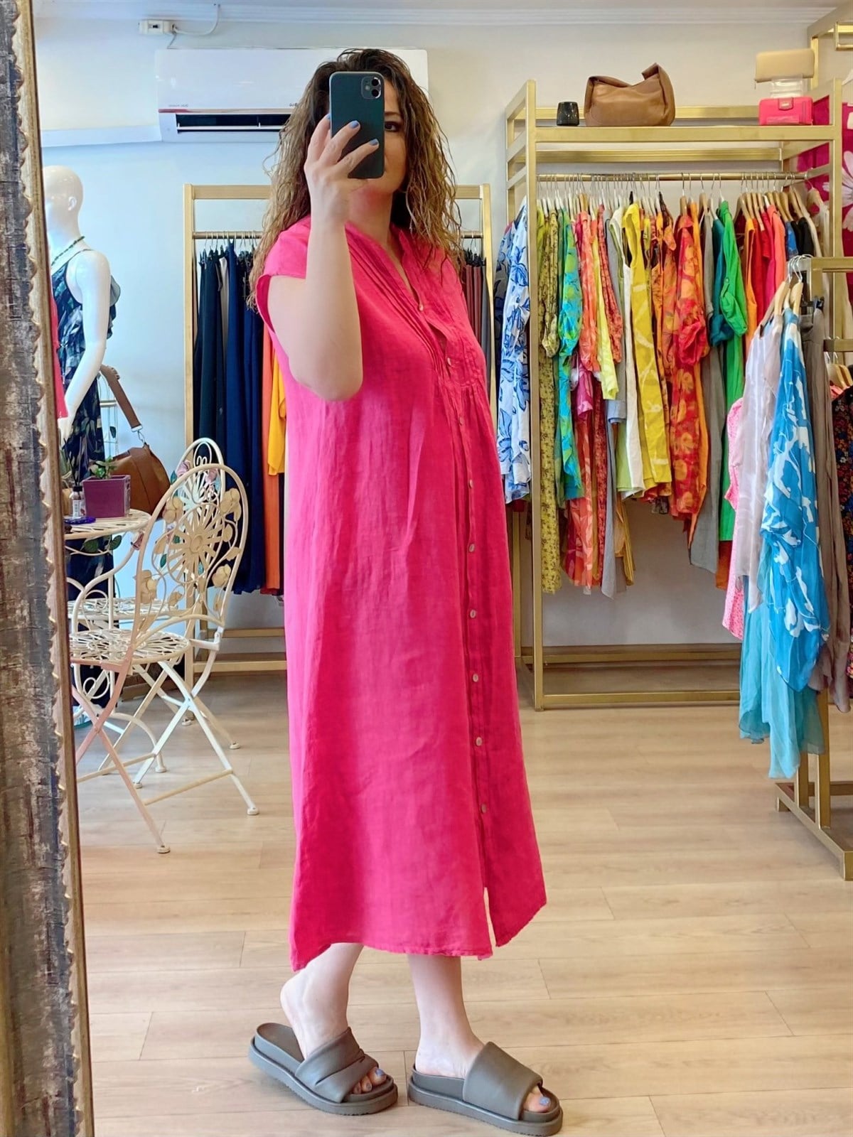 Biye Dikişli Düşük Kol Keten Elbise Pembe