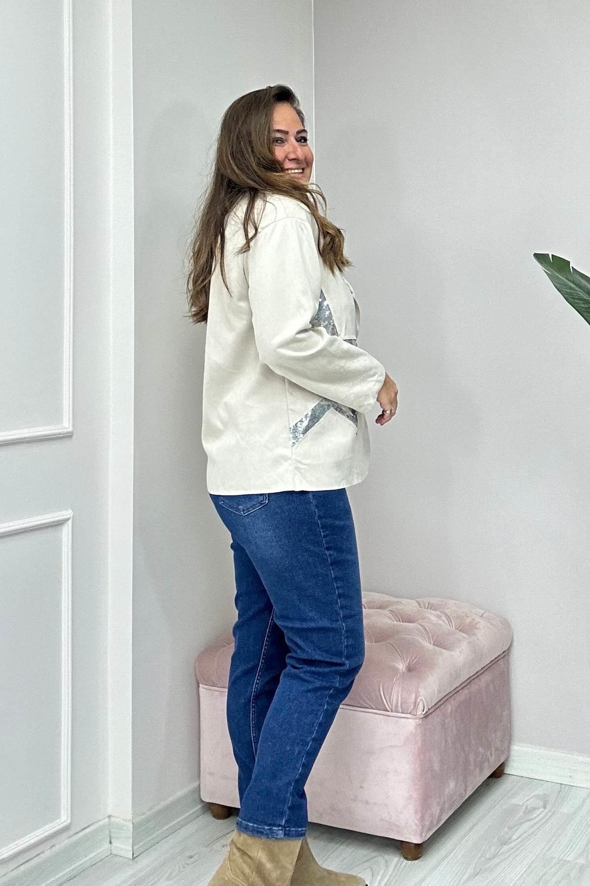 Blazer Yaldızlı Ceket Krem