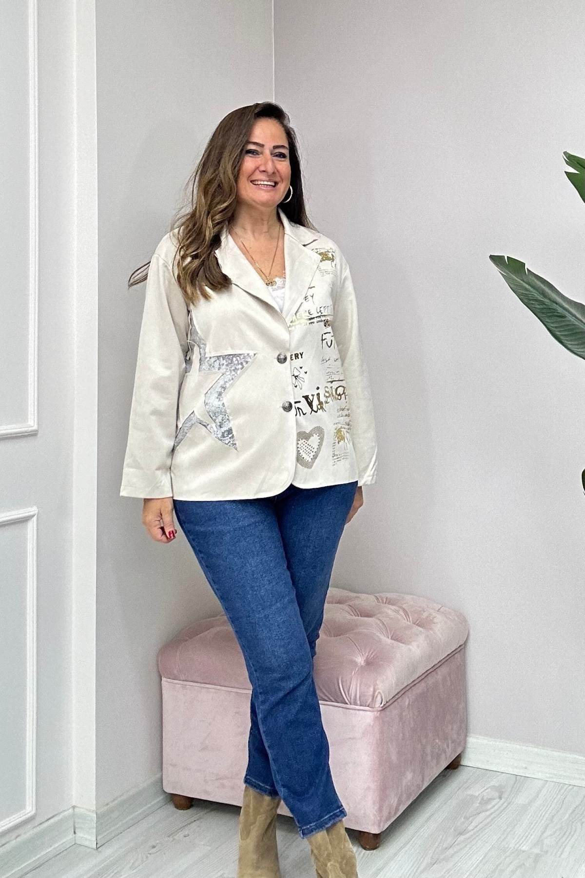 Blazer Yaldızlı Ceket Krem