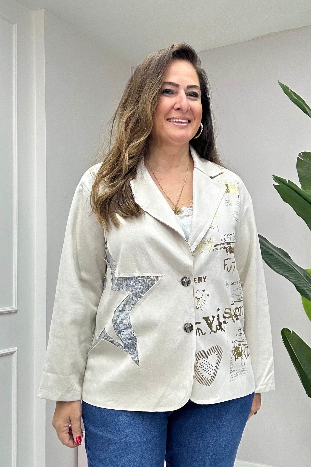 Blazer Yaldızlı Ceket Krem