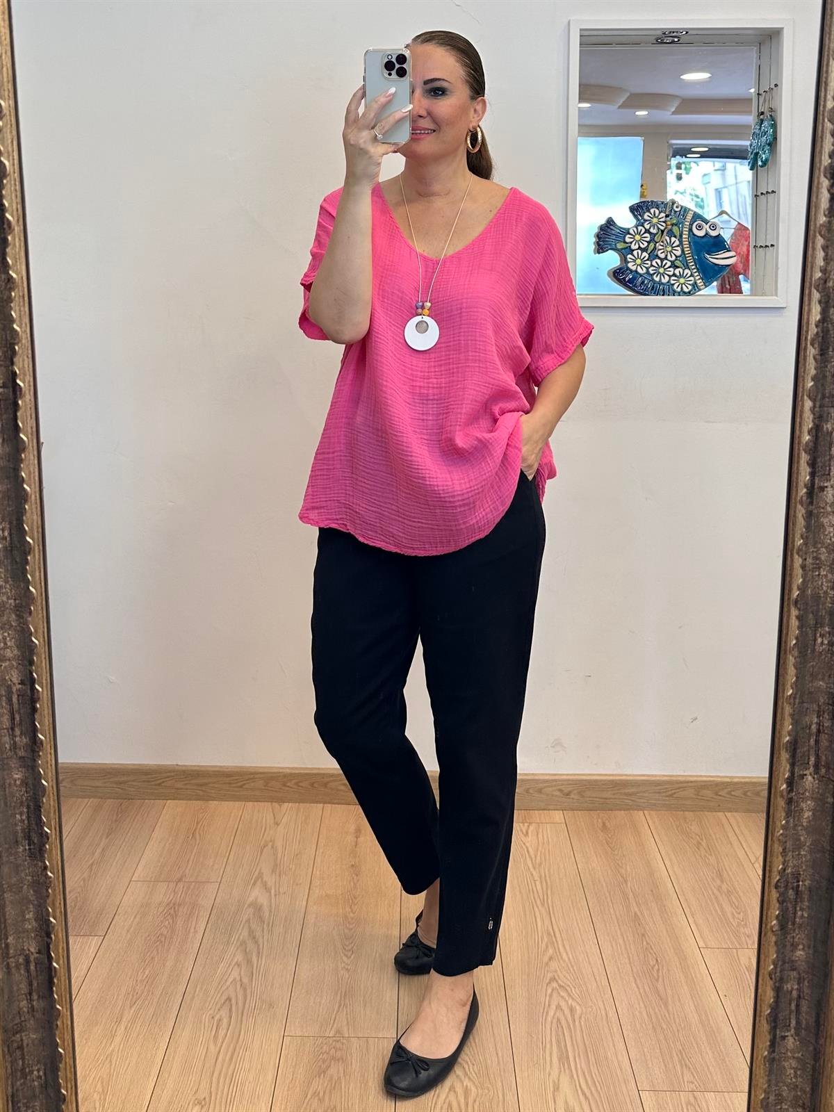 Bol Kesim Müslin Kumaş Düşük Kol Bluz  Pembe
