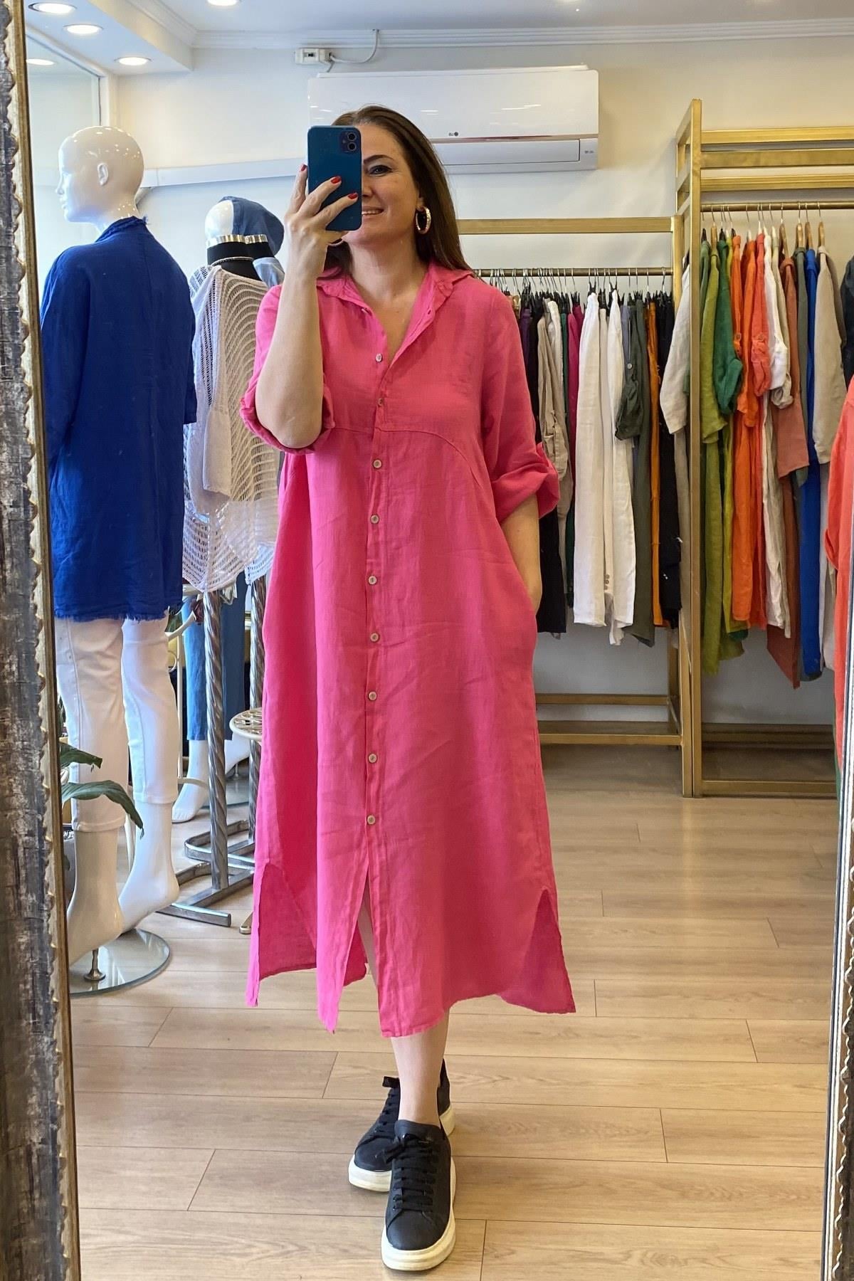 Boydan Düğmeli Yakalı Midi Boy Keten Elbise Pembe
