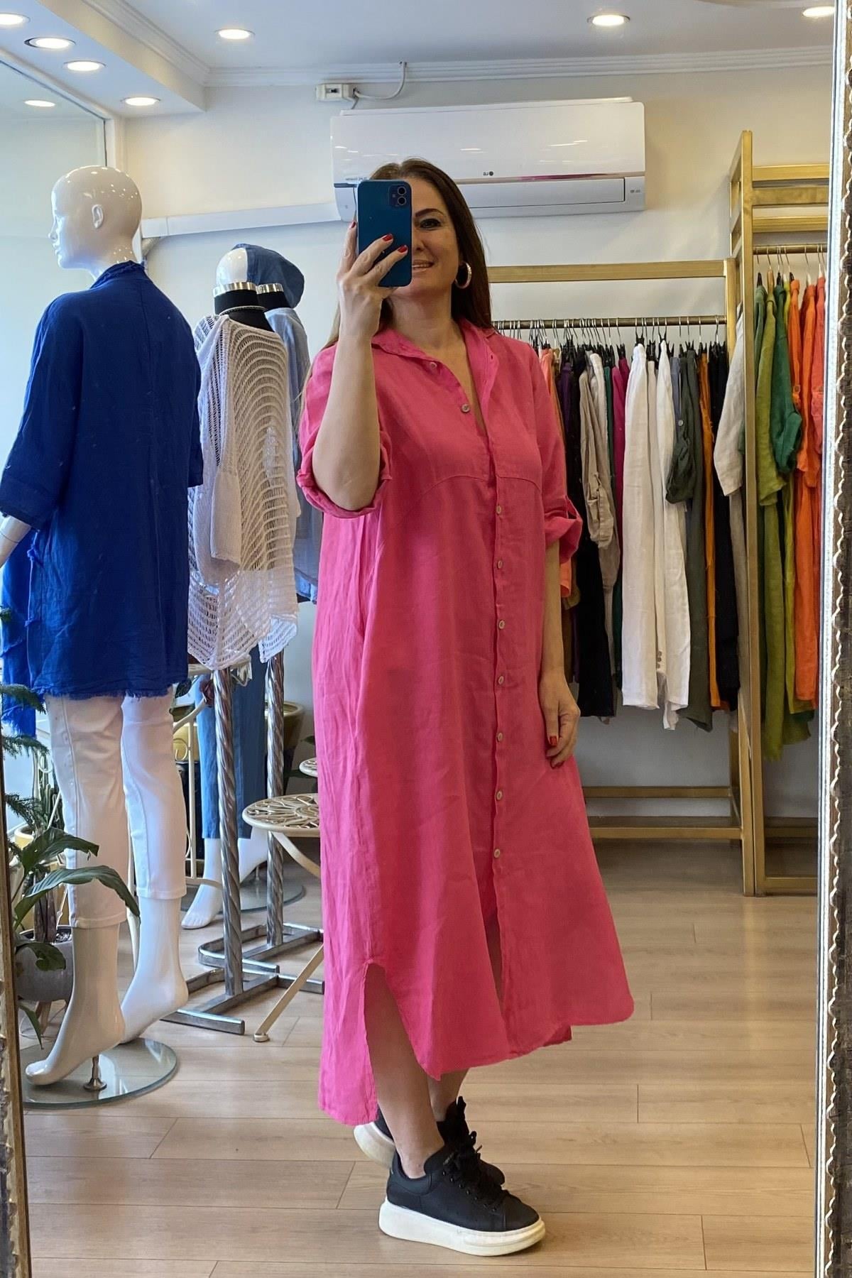 Boydan Düğmeli Yakalı Midi Boy Keten Elbise Pembe