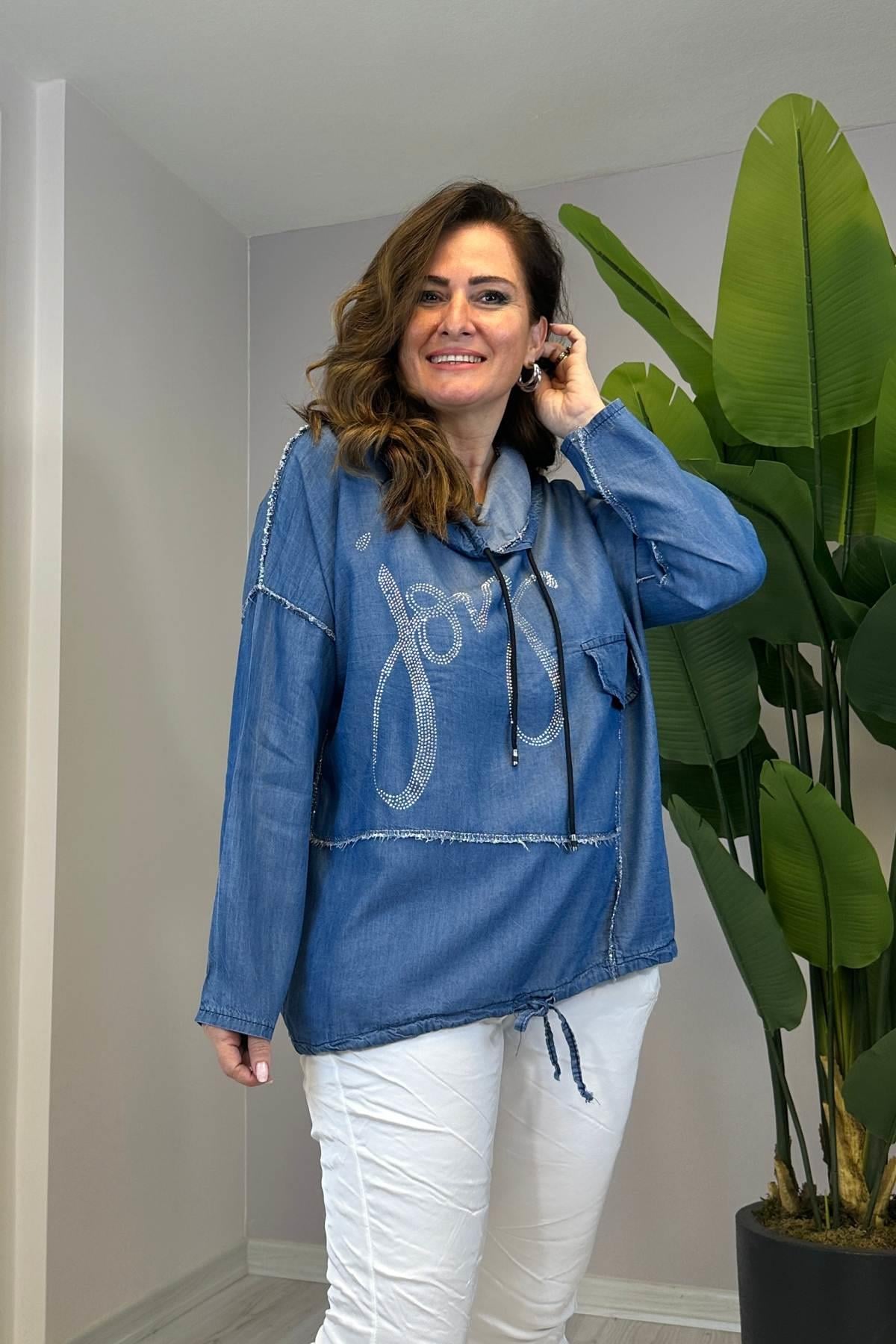 Boyunluk Detaylı Işıltılı Tunik Bluz Mavi