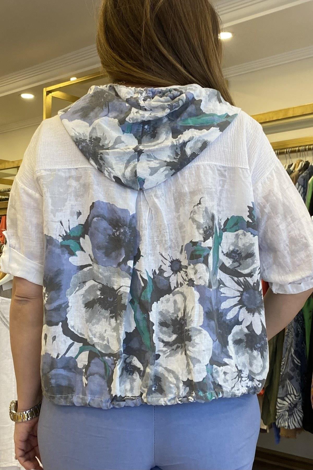 Çiçek Desenli Kapüşonlu Keten Ceket Beyaz Rengi