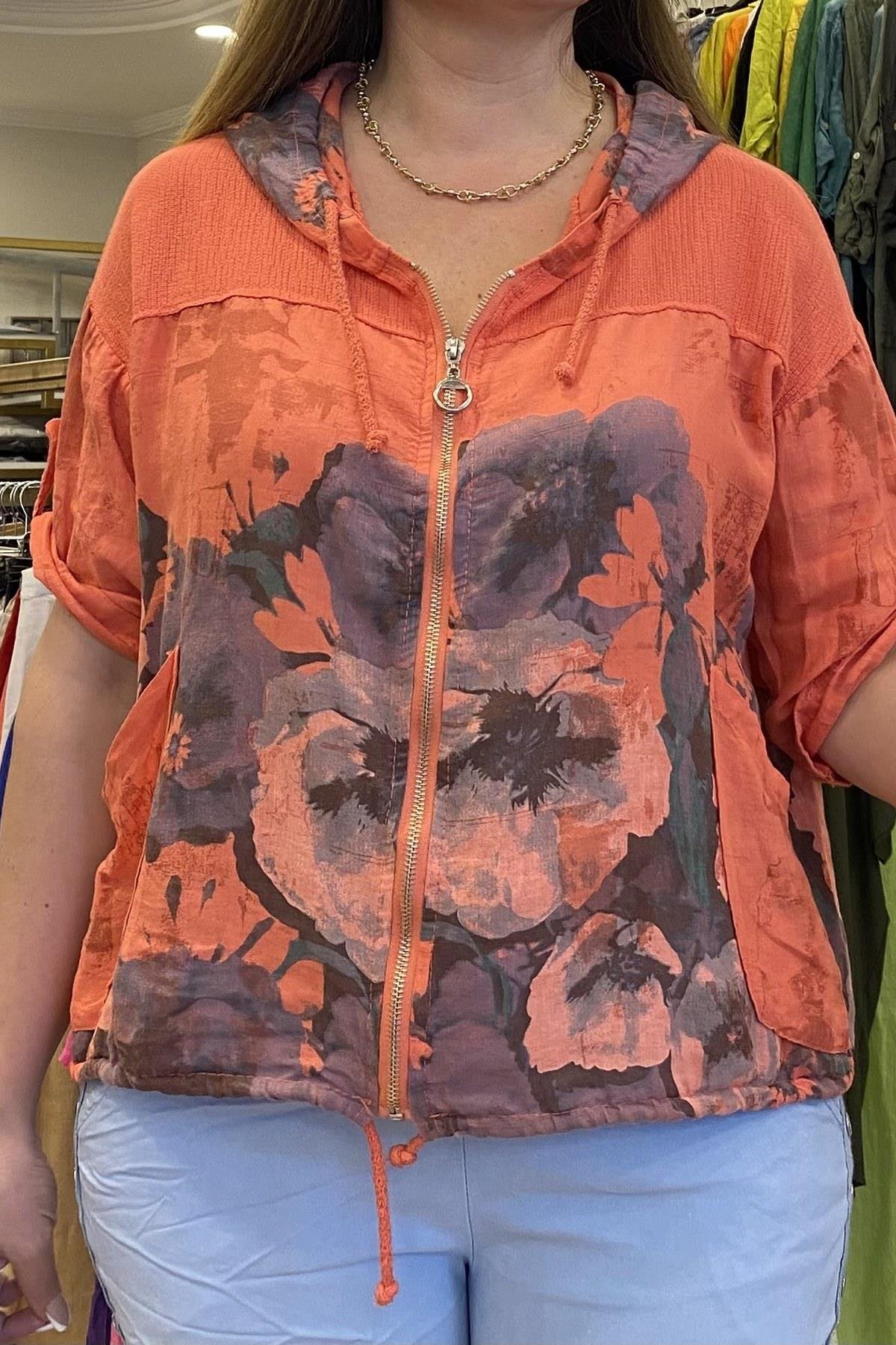 Çiçek Desenli Kapüşonlu Keten Ceket Nar Çiçeği Rengi