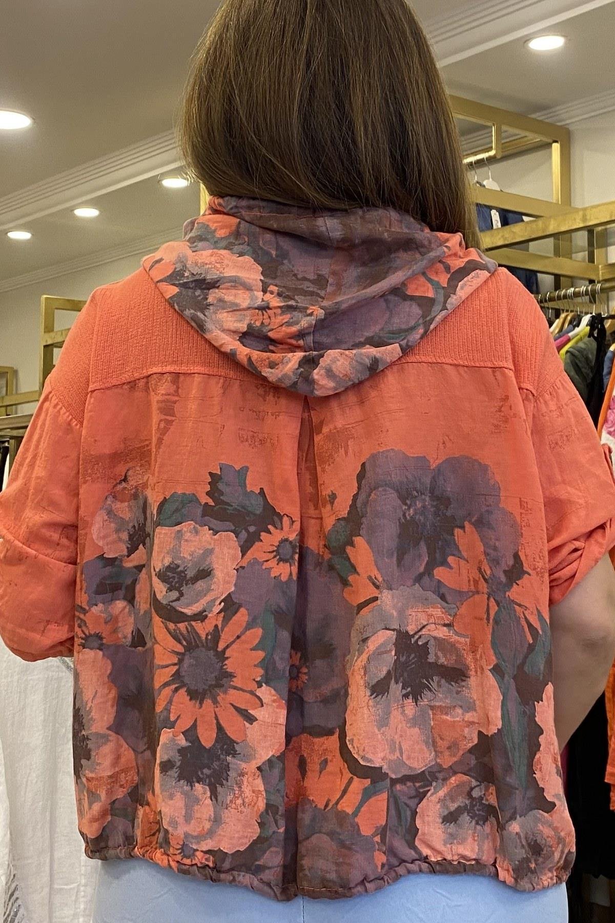 Çiçek Desenli Kapüşonlu Keten Ceket Nar Çiçeği Rengi