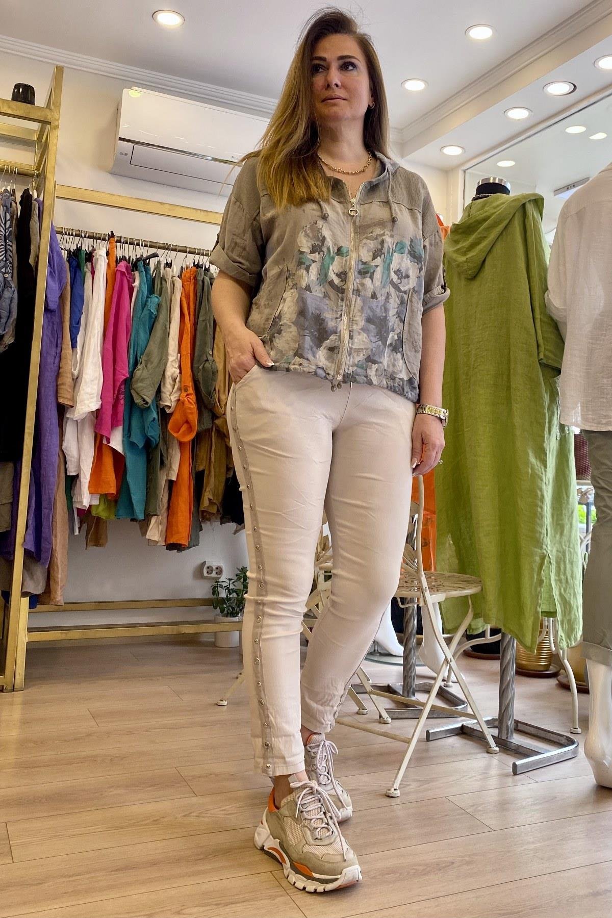 Çiçek Desenli Kapüşonlu Keten Ceket Taş Rengi