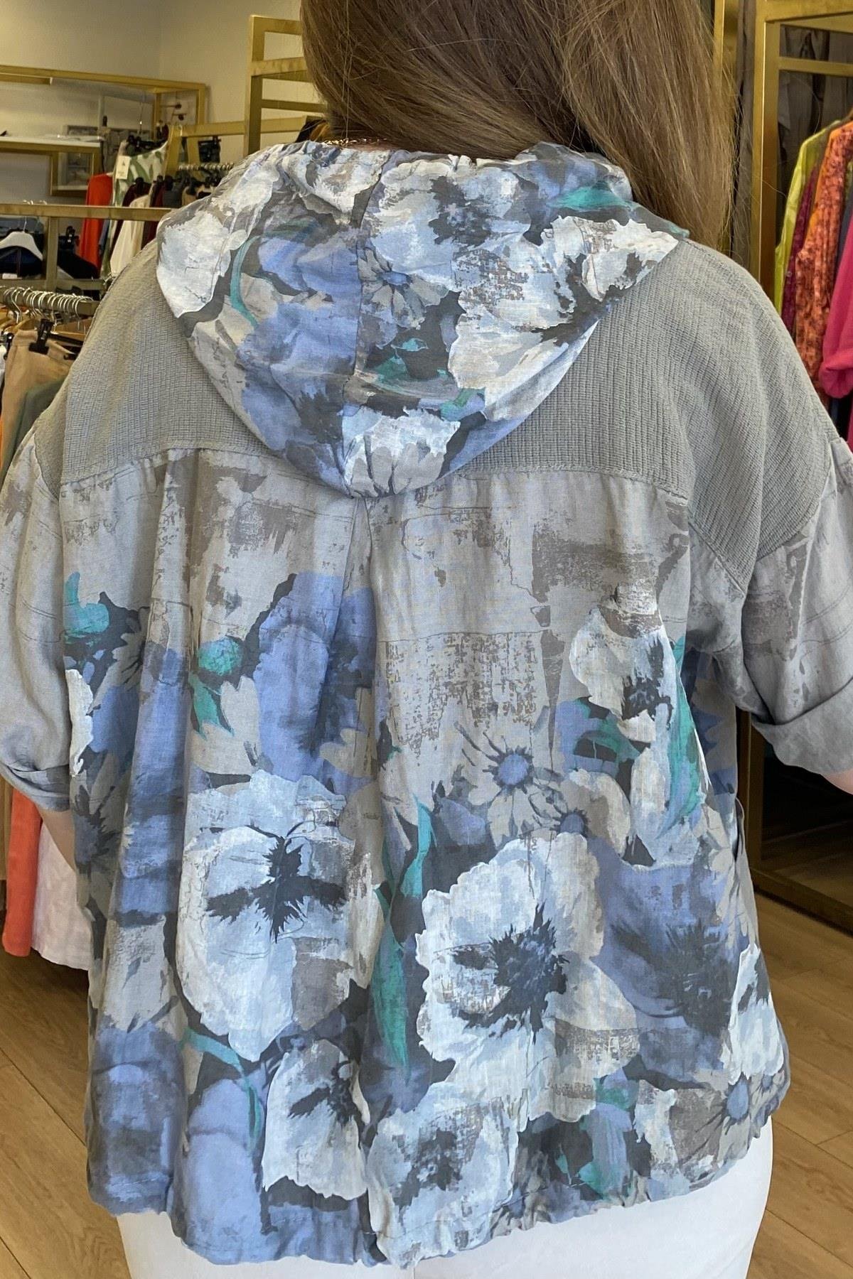 Çiçek Desenli Kapüşonlu Keten Ceket Taş Rengi