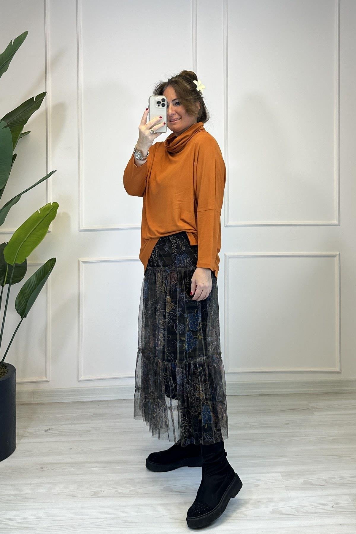 Çiçek Desenli Tül Etek Haki Rengi