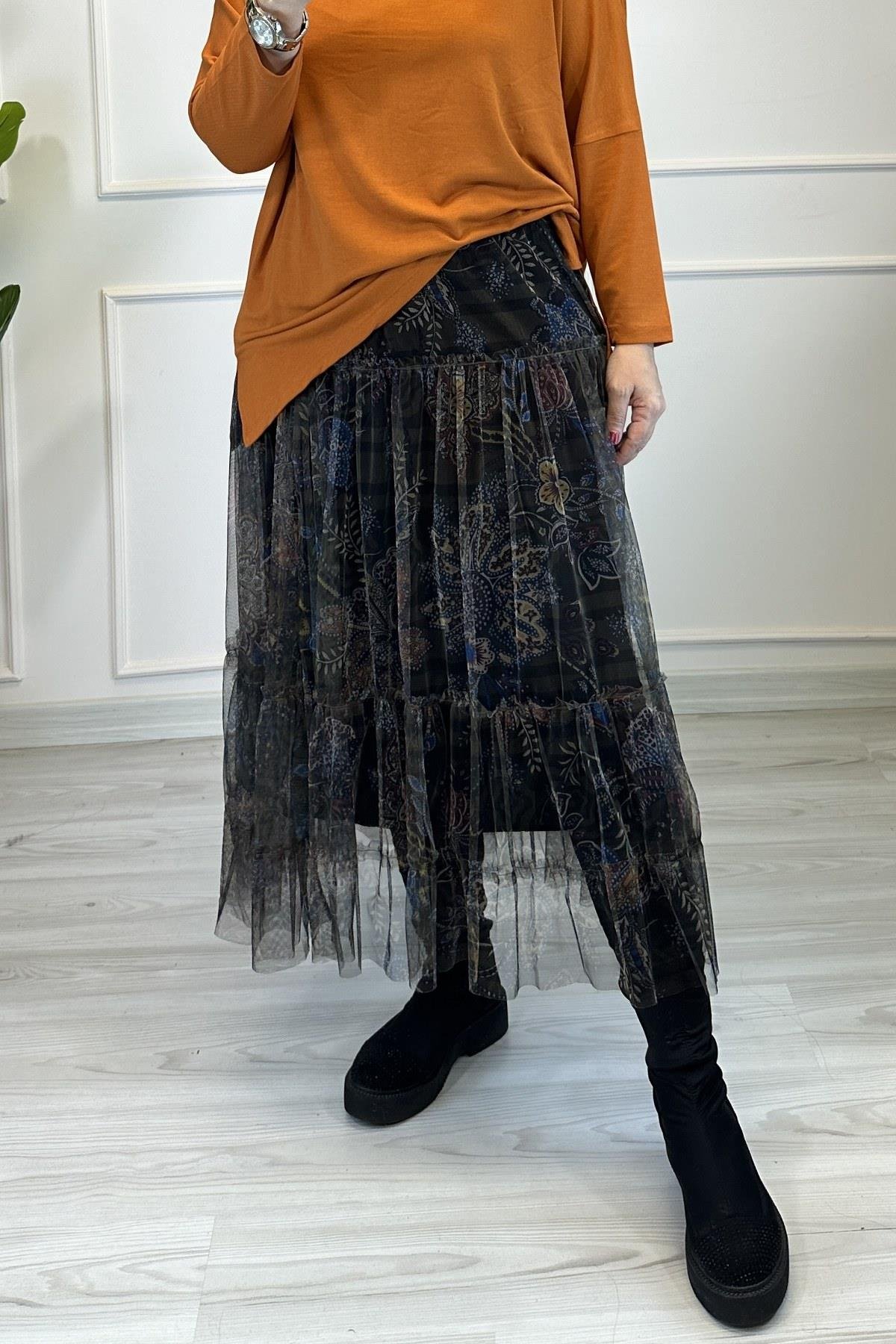 Çiçek Desenli Tül Etek Haki Rengi