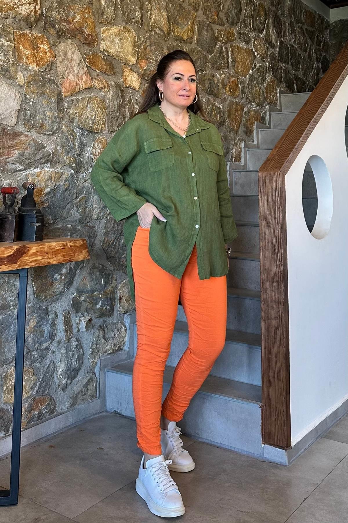 Çift Cepli Ön Kısa Arka Uzun Keten Gömlek Yeşil
