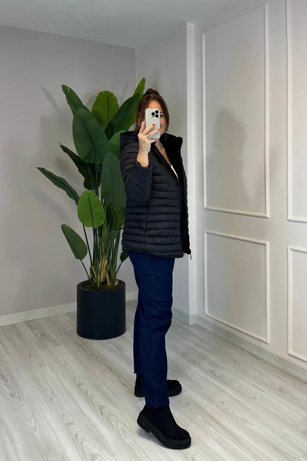 Çift Taraflı Giyilebilir Bir Tarafı Tüylü Şerit Detaylı Mont Kısa Siyah