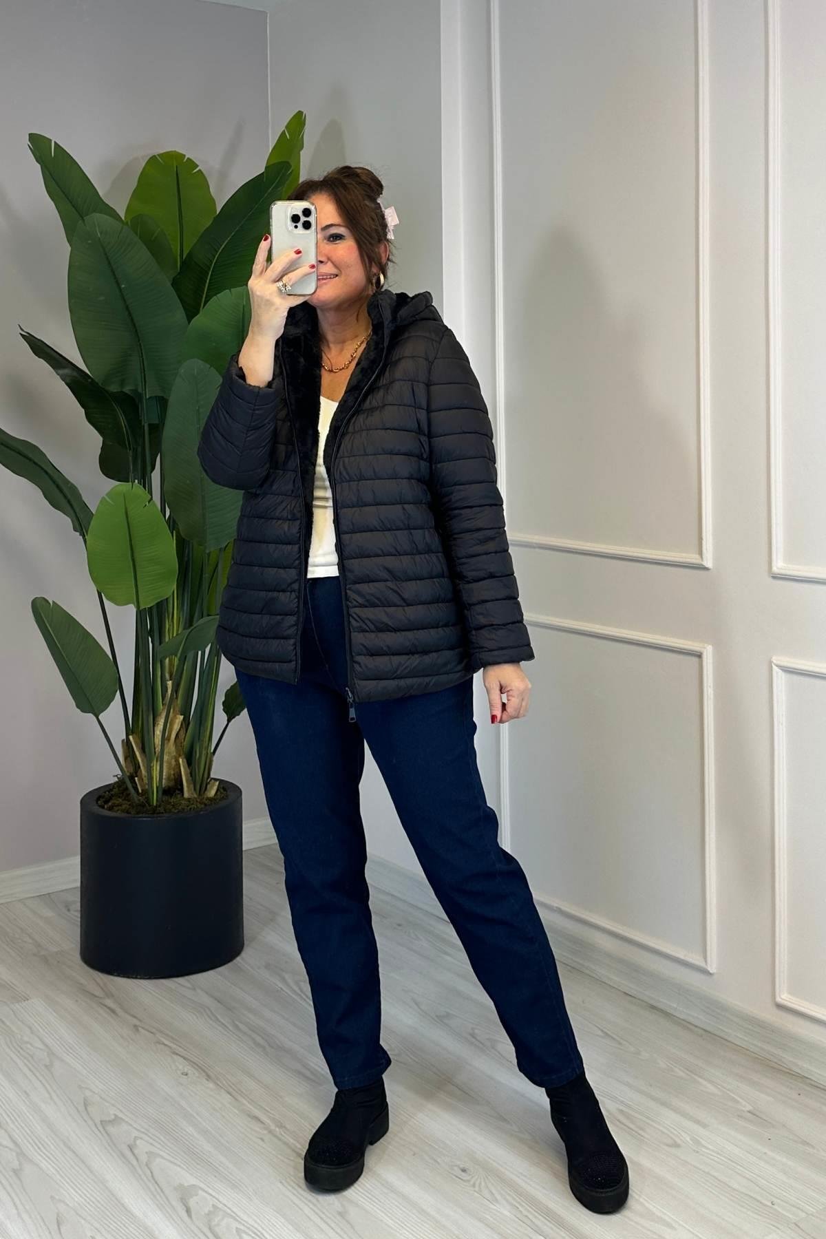 Çift Taraflı Giyilebilir Bir Tarafı Tüylü Şerit Detaylı Mont Kısa Siyah