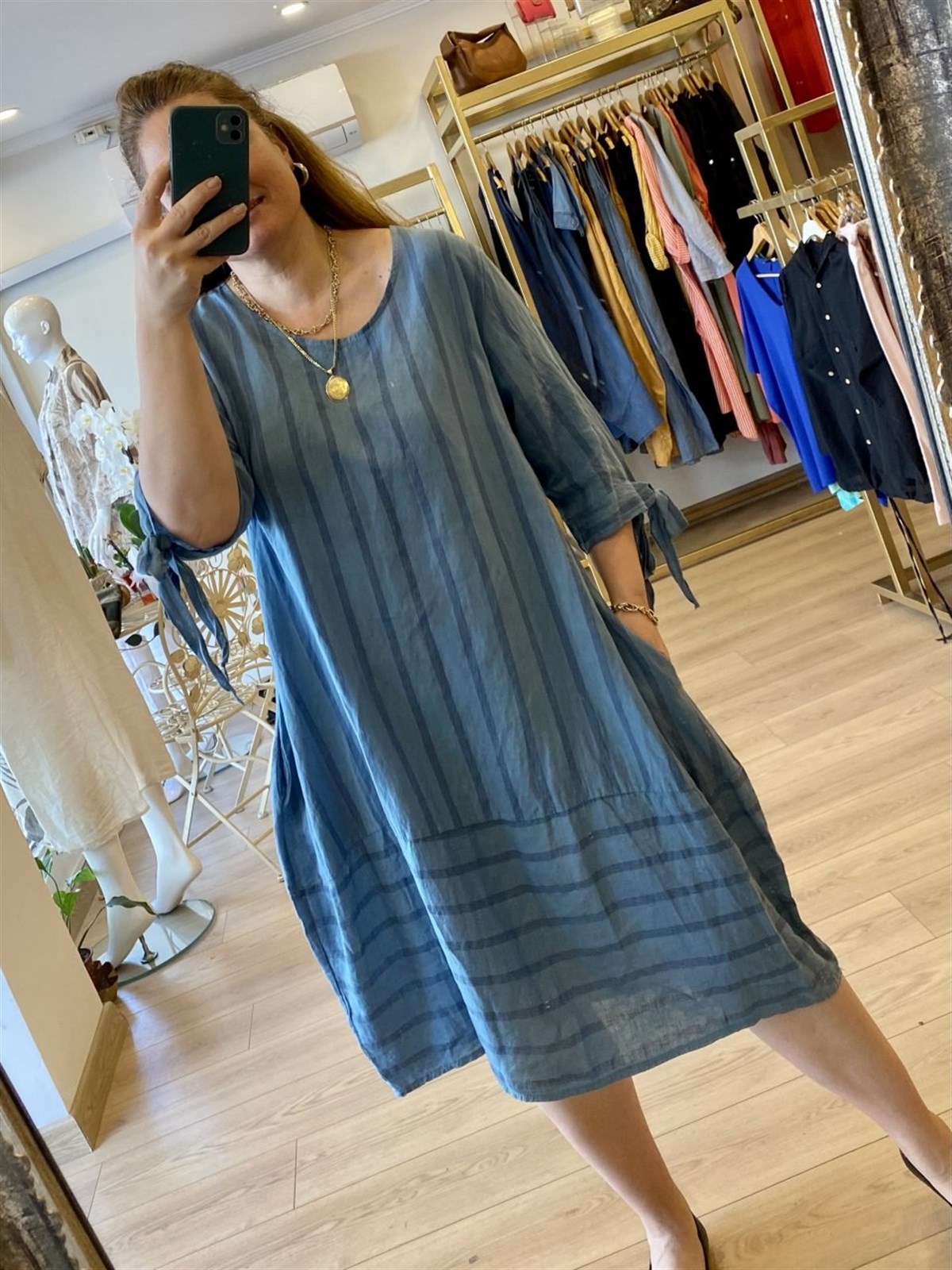 Çizgili oversize keten elbise mavi