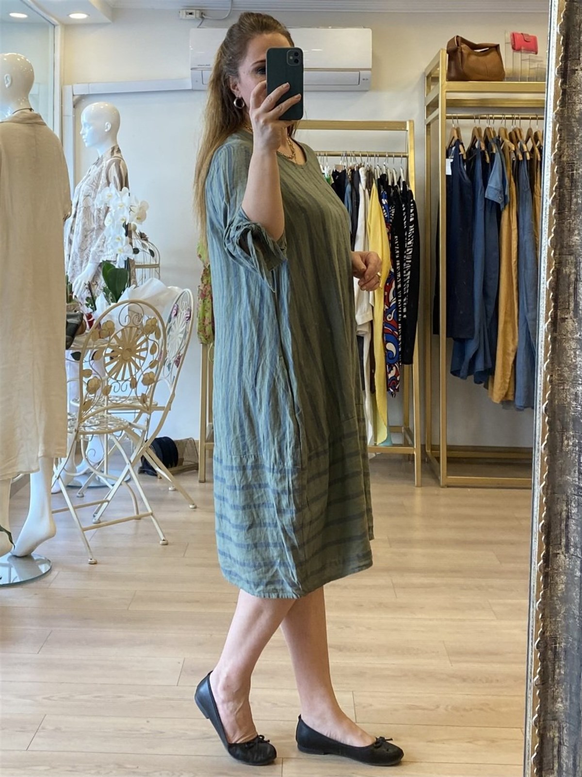 Çizgili oversize keten elbise yeşil