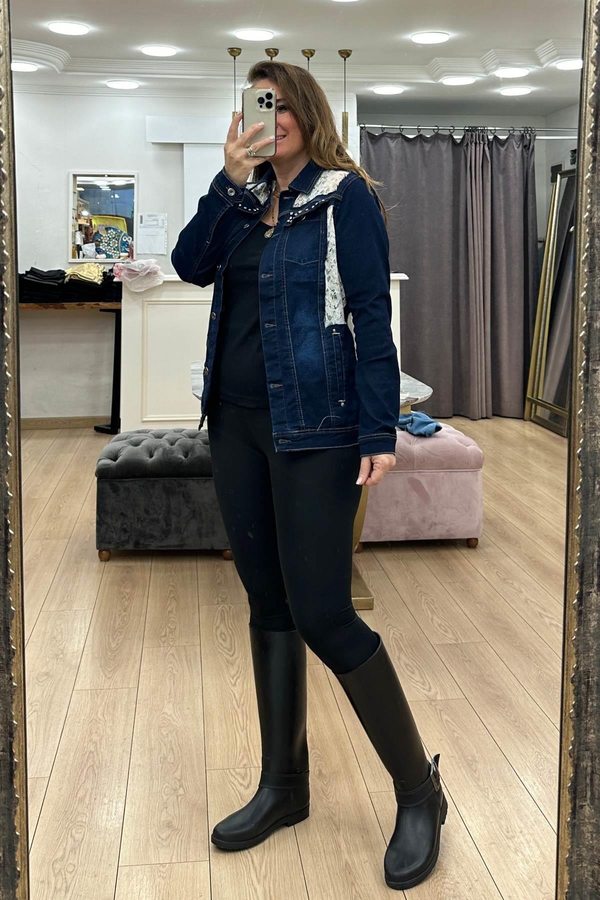 Dantel Detaylı Kot Ceket Mavi