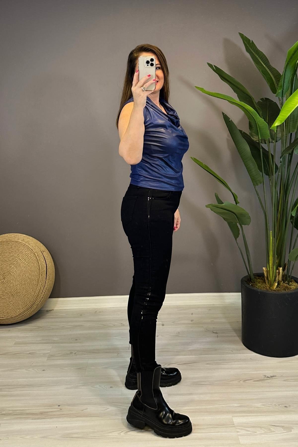 Degaje Yaka Kolsuz Deri Bluz Saks