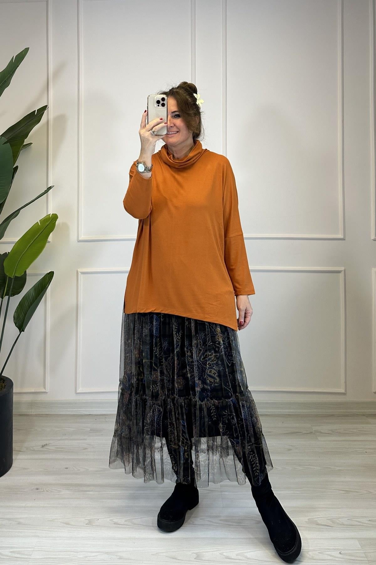 Degaje Yaka Tunik Bluz Tarçın