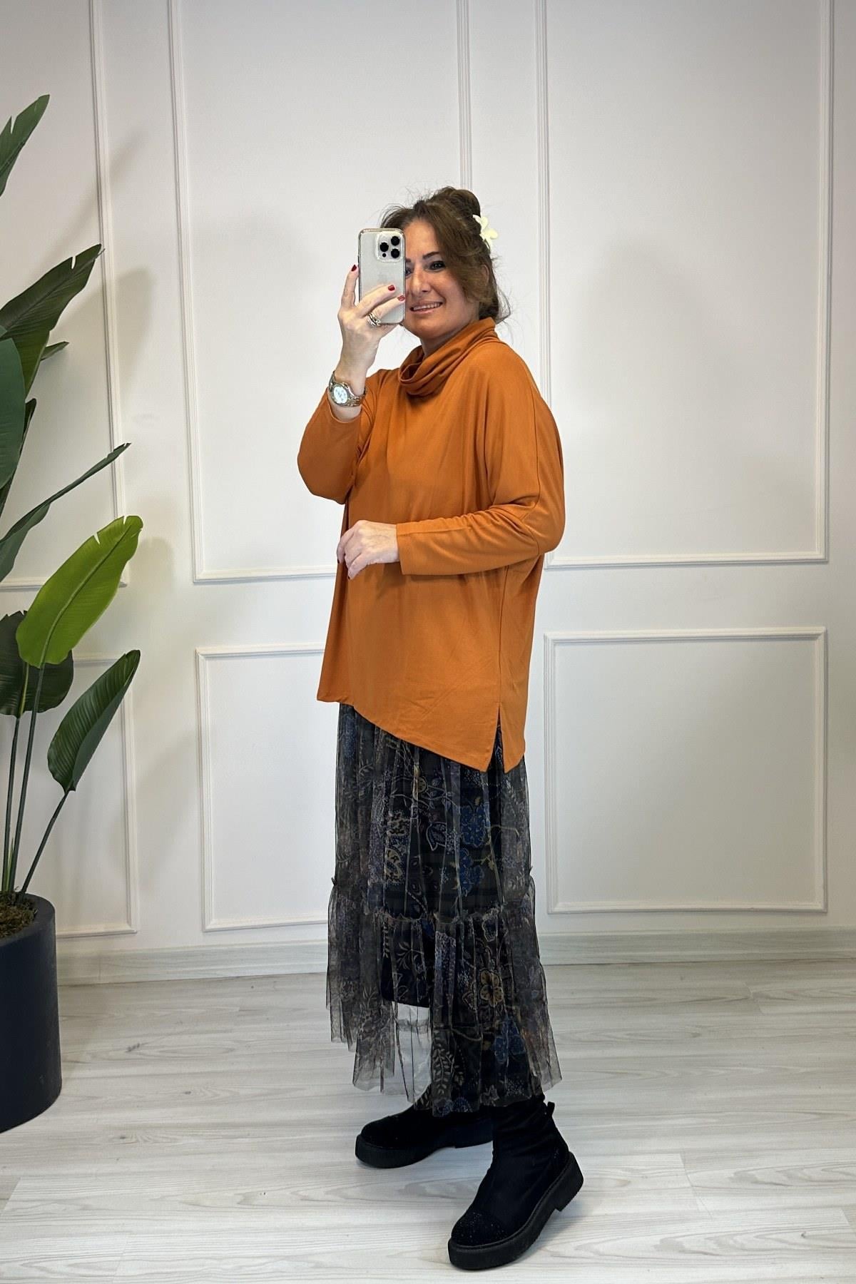 Degaje Yaka Tunik Bluz Tarçın