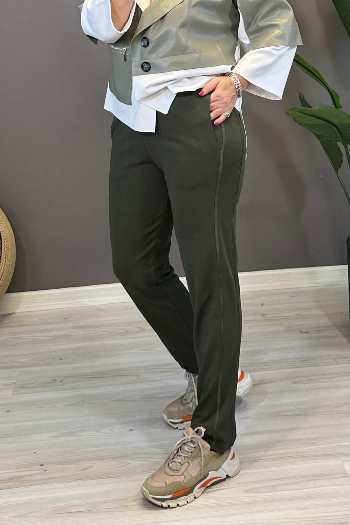 Deri Şerit Detaylı Çelik Örme Pantolon Yeşil