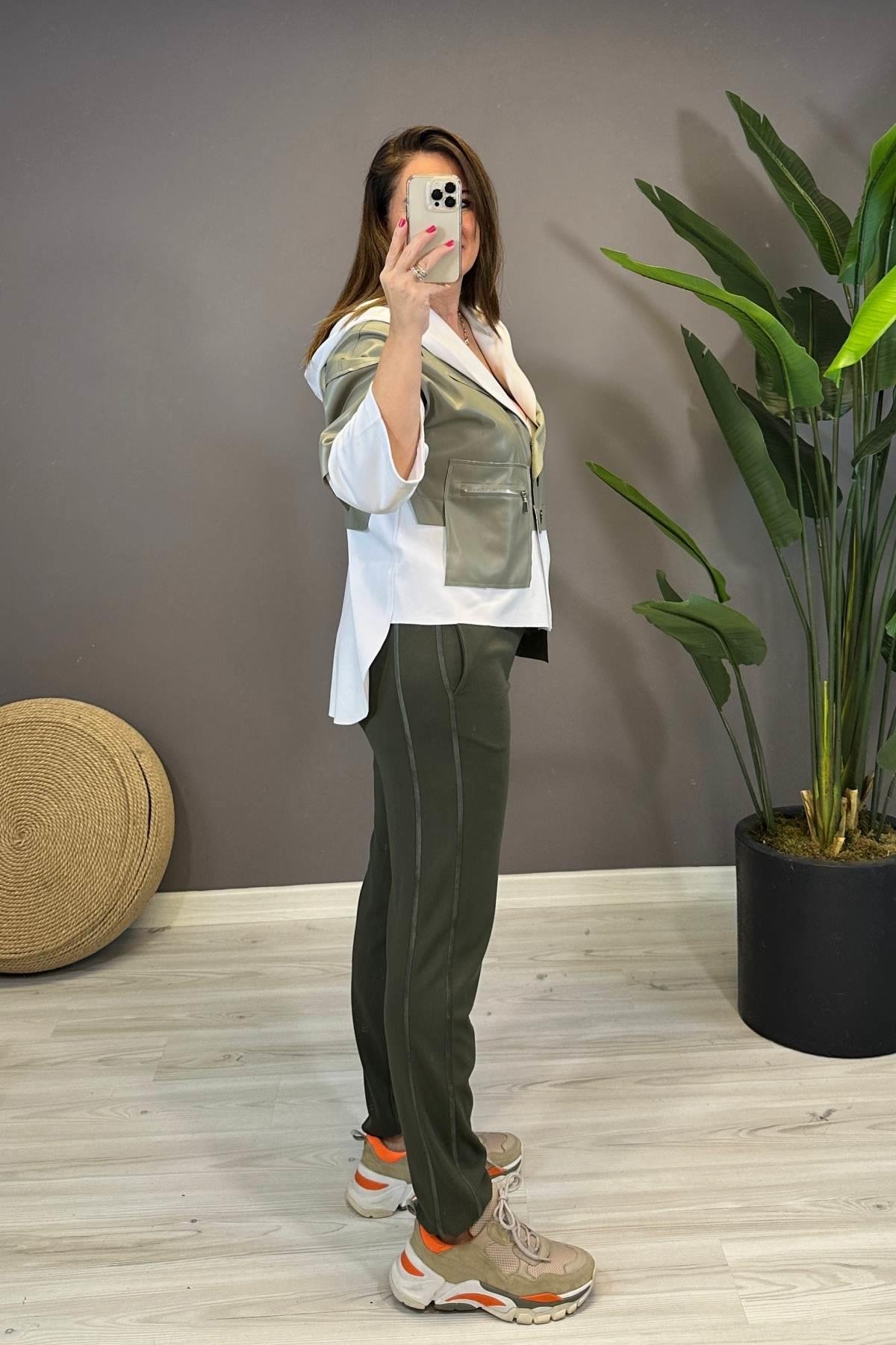 Deri ve Fermuar Detaylı Kapüşonlu Ceket Haki