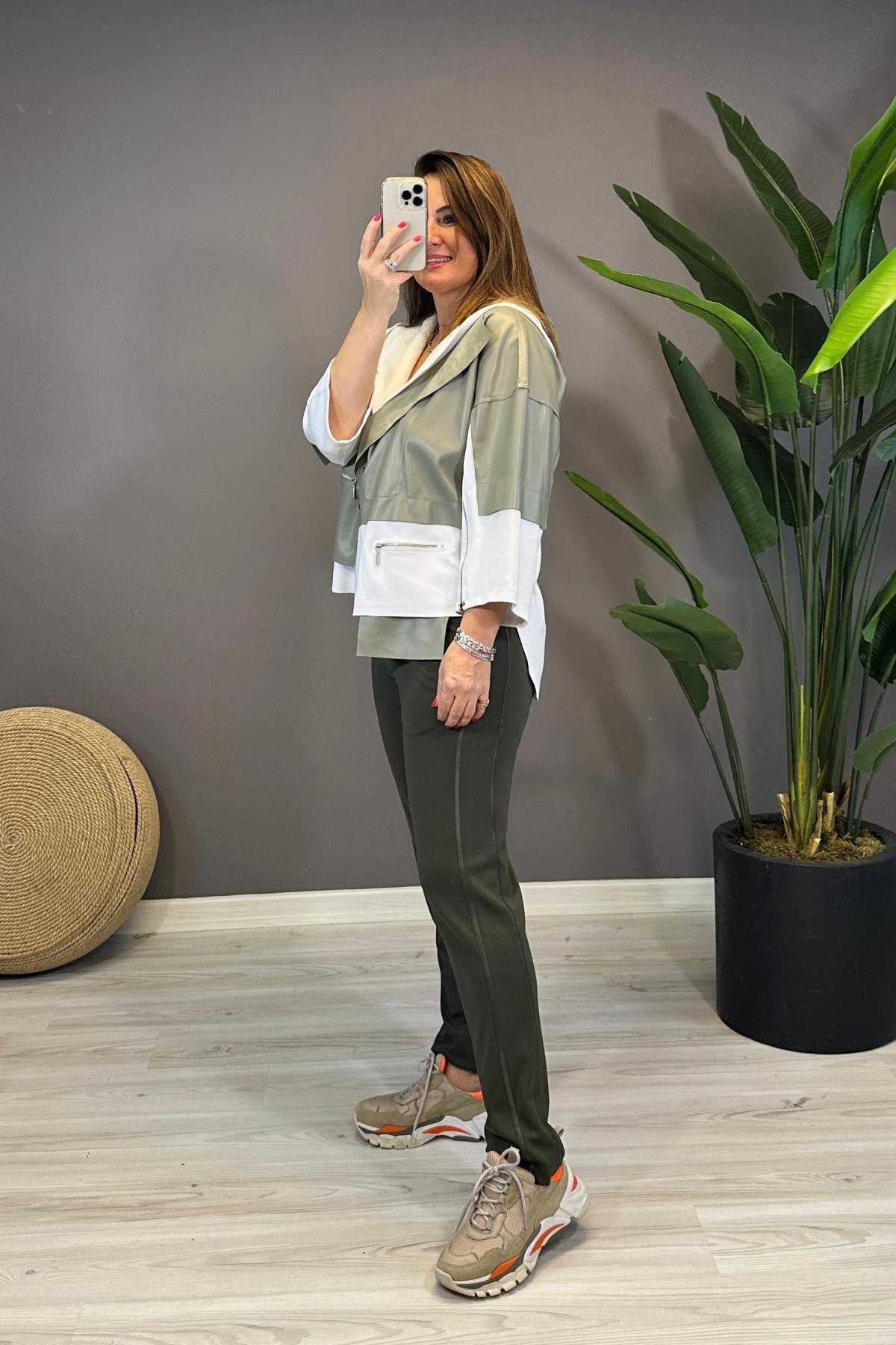 Deri ve Fermuar Detaylı Kapüşonlu Ceket Haki