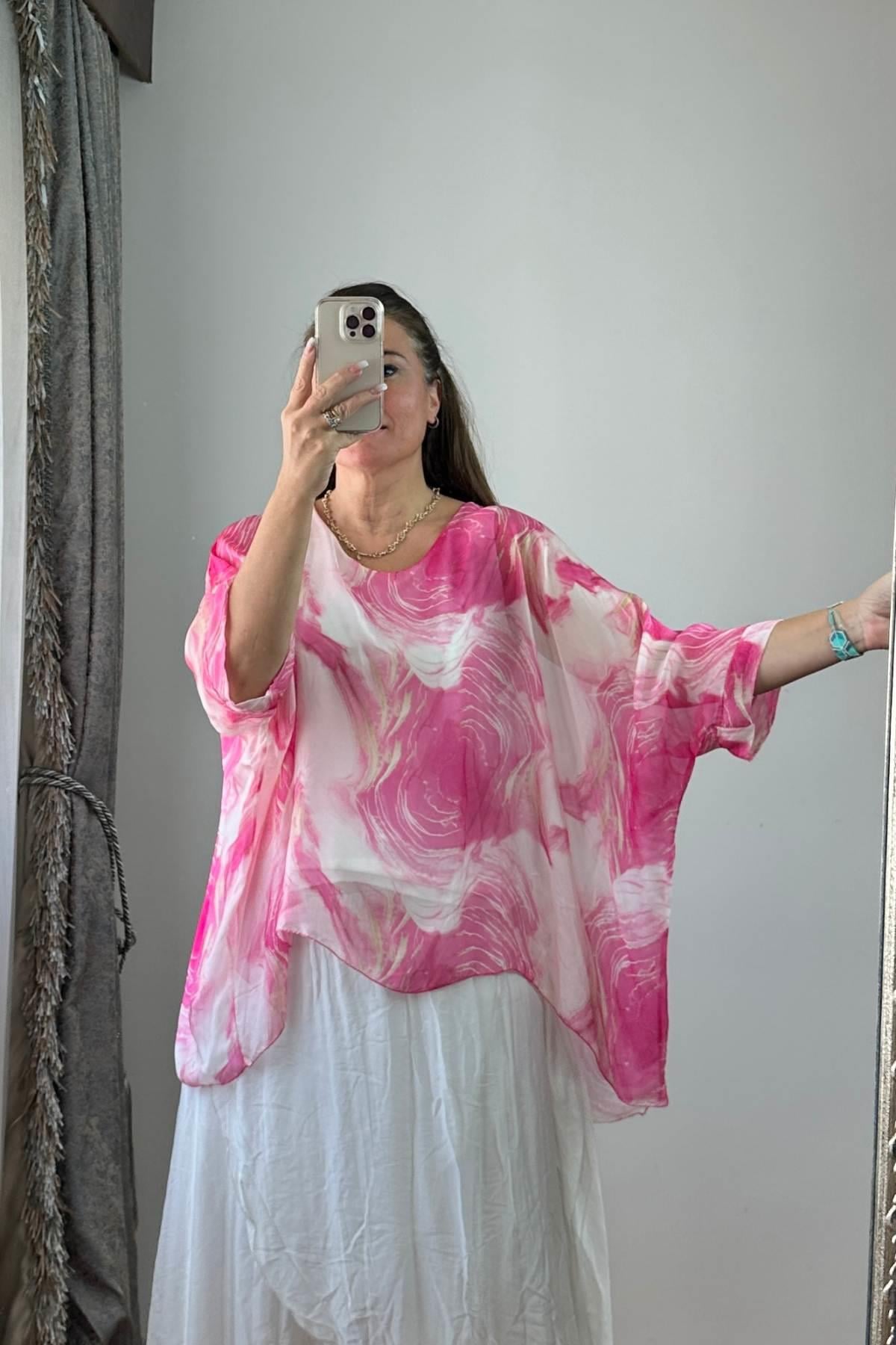 Desenli İpek Bluz No 2 Pembe