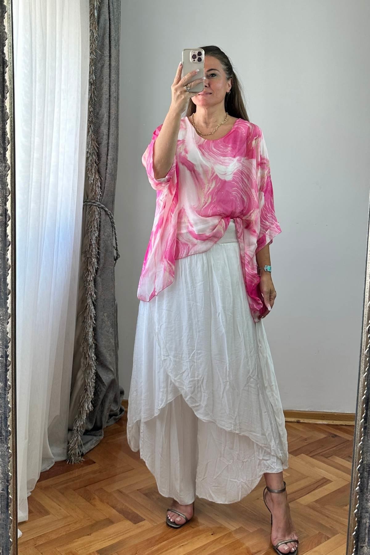 Desenli İpek Bluz No 2 Pembe