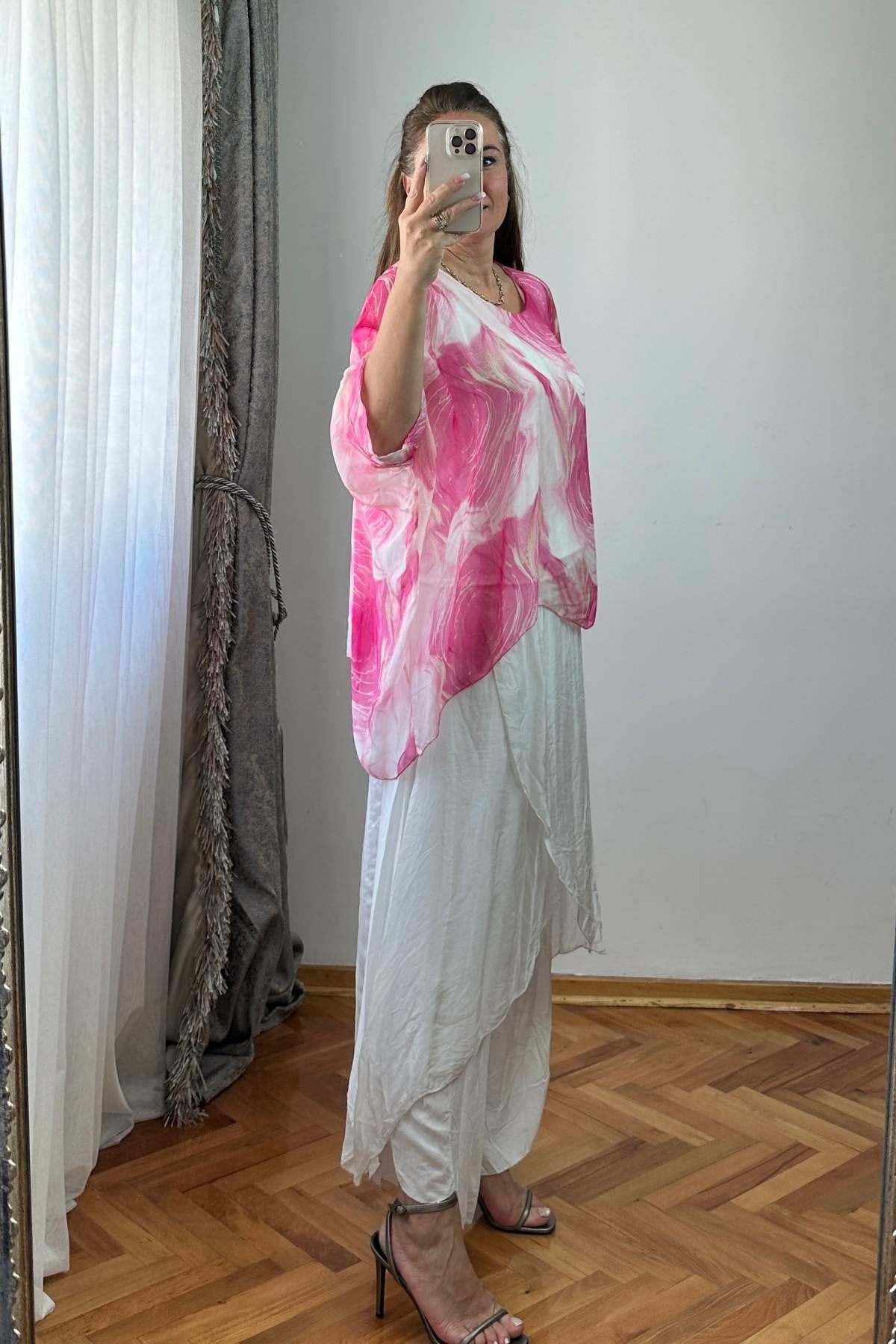 Desenli İpek Bluz No 2 Pembe