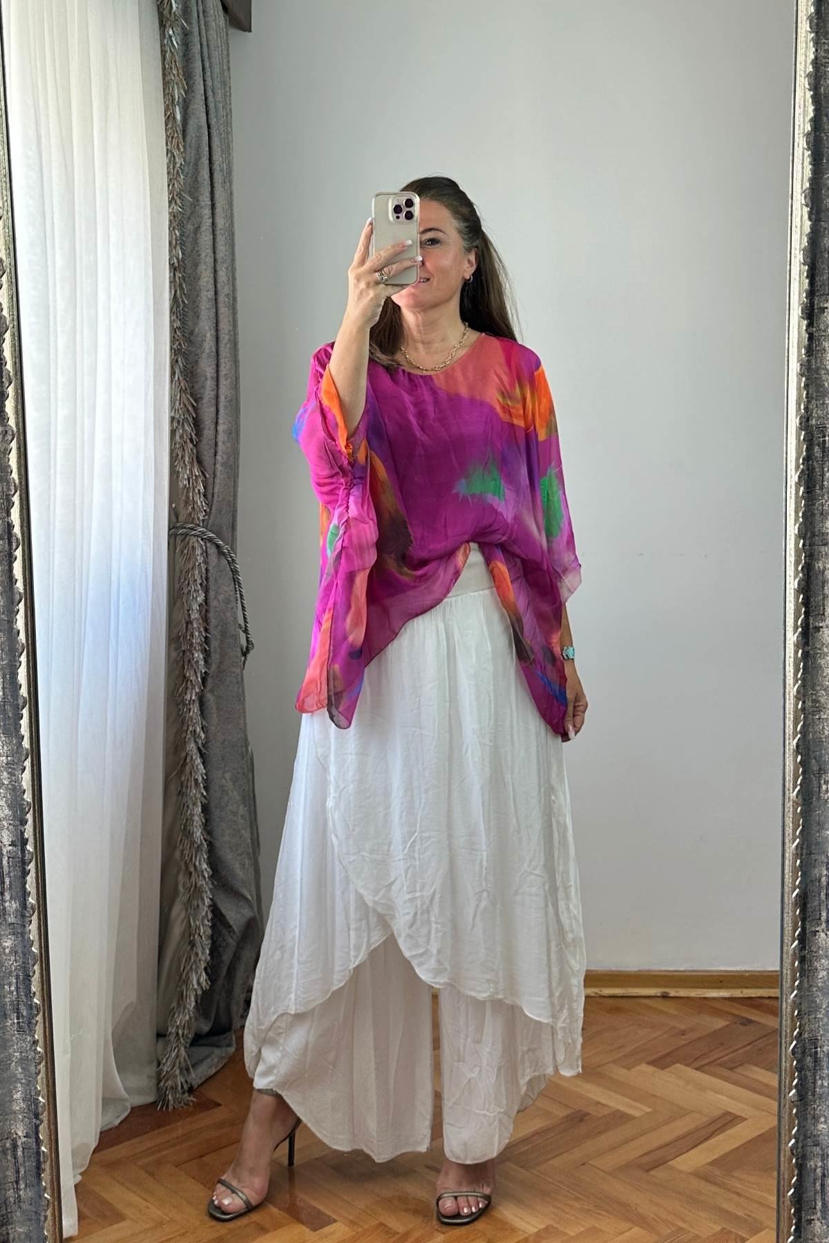 Desenli İpek Bluz No 3 Pembe