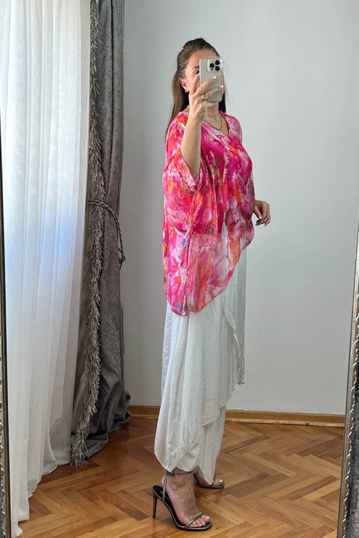 Desenli İpek Bluz No 4 Pembe