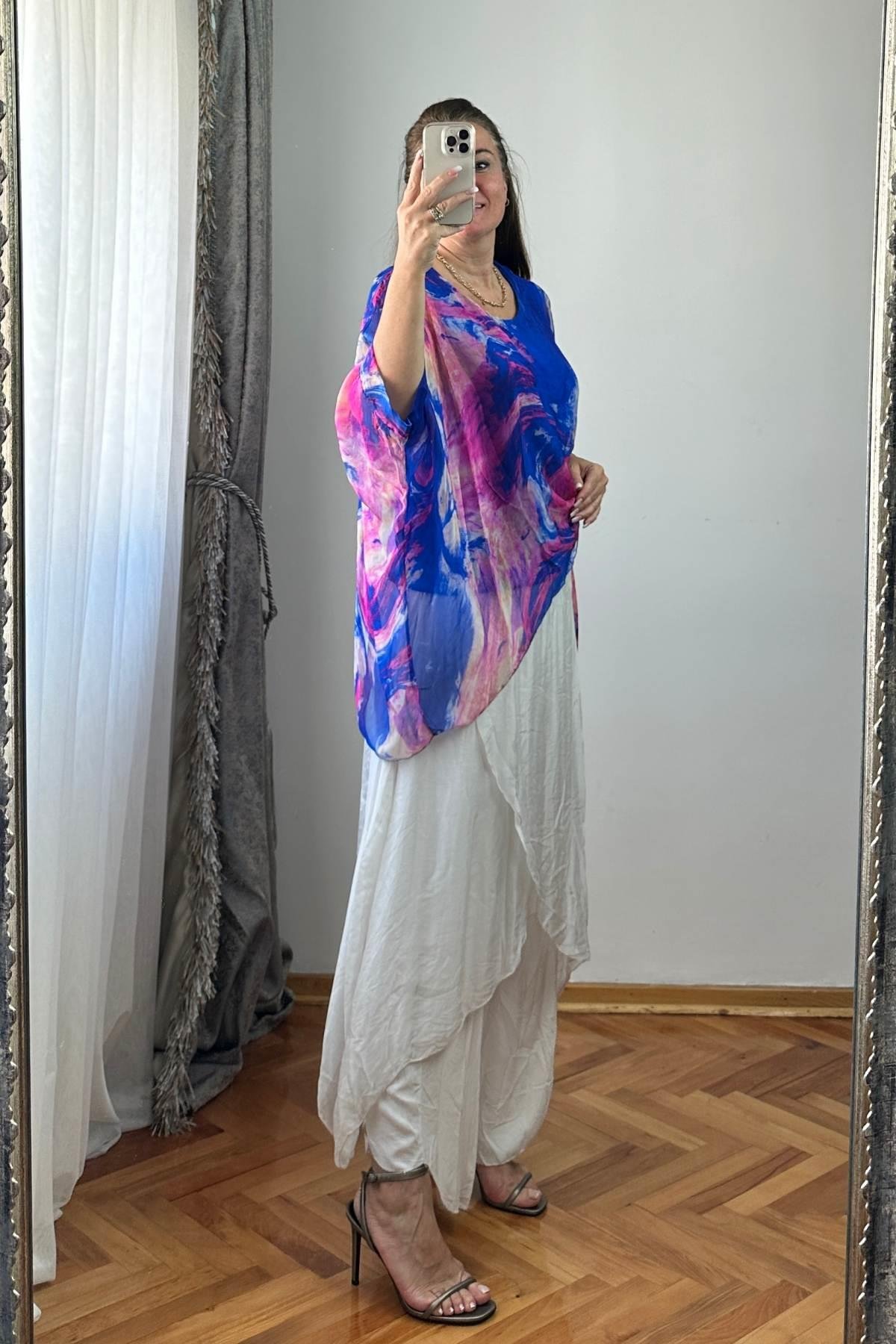 Desenli İpek Bluz No 6 Lacivert