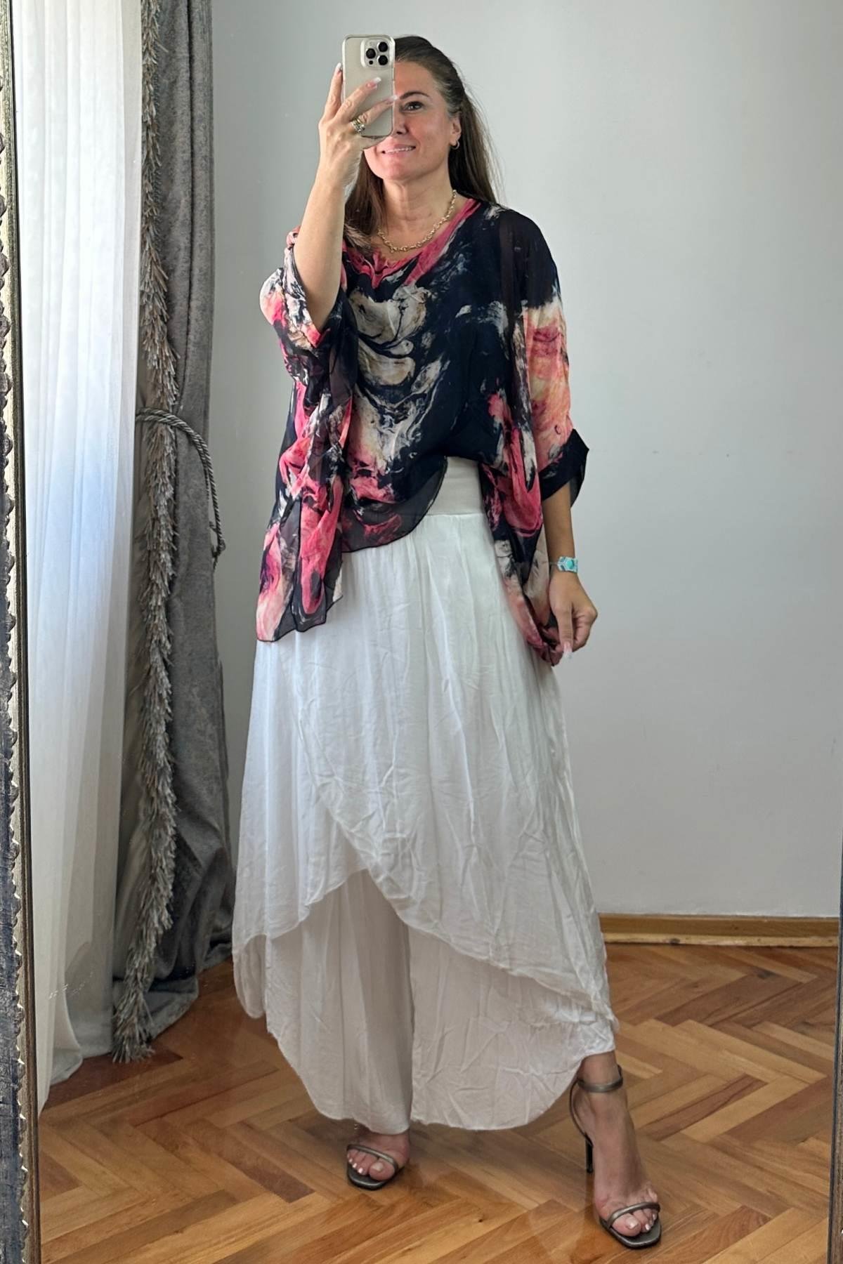 Desenli İpek Bluz No 6 Siyah