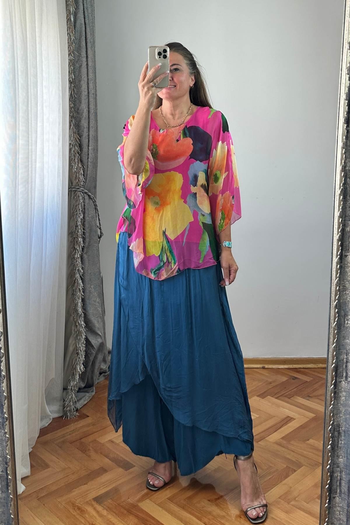 Desenli İpek Bluz No 7 Pembe