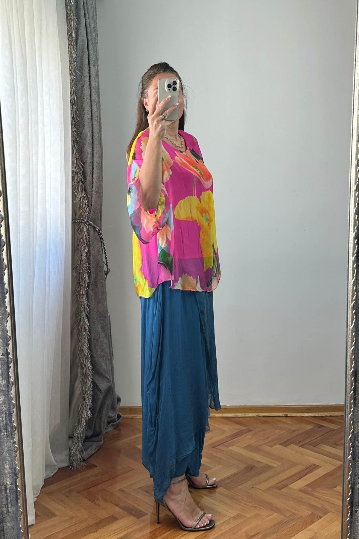 Desenli İpek Bluz No 7 Pembe