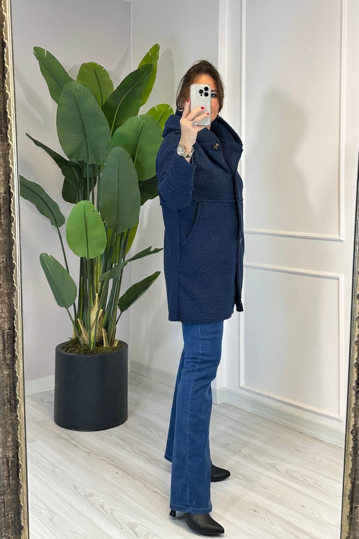 Dikiş Detaylı Kapüşonlu Buklet Lacivert 23128