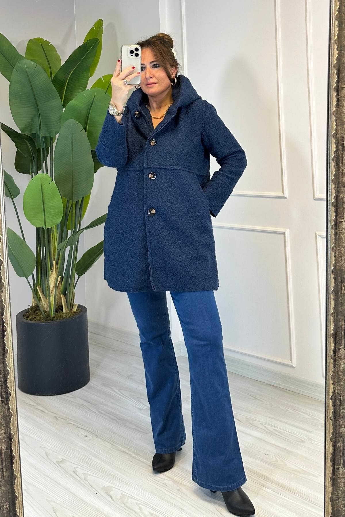 Dikiş Detaylı Kapüşonlu Buklet Lacivert 23128