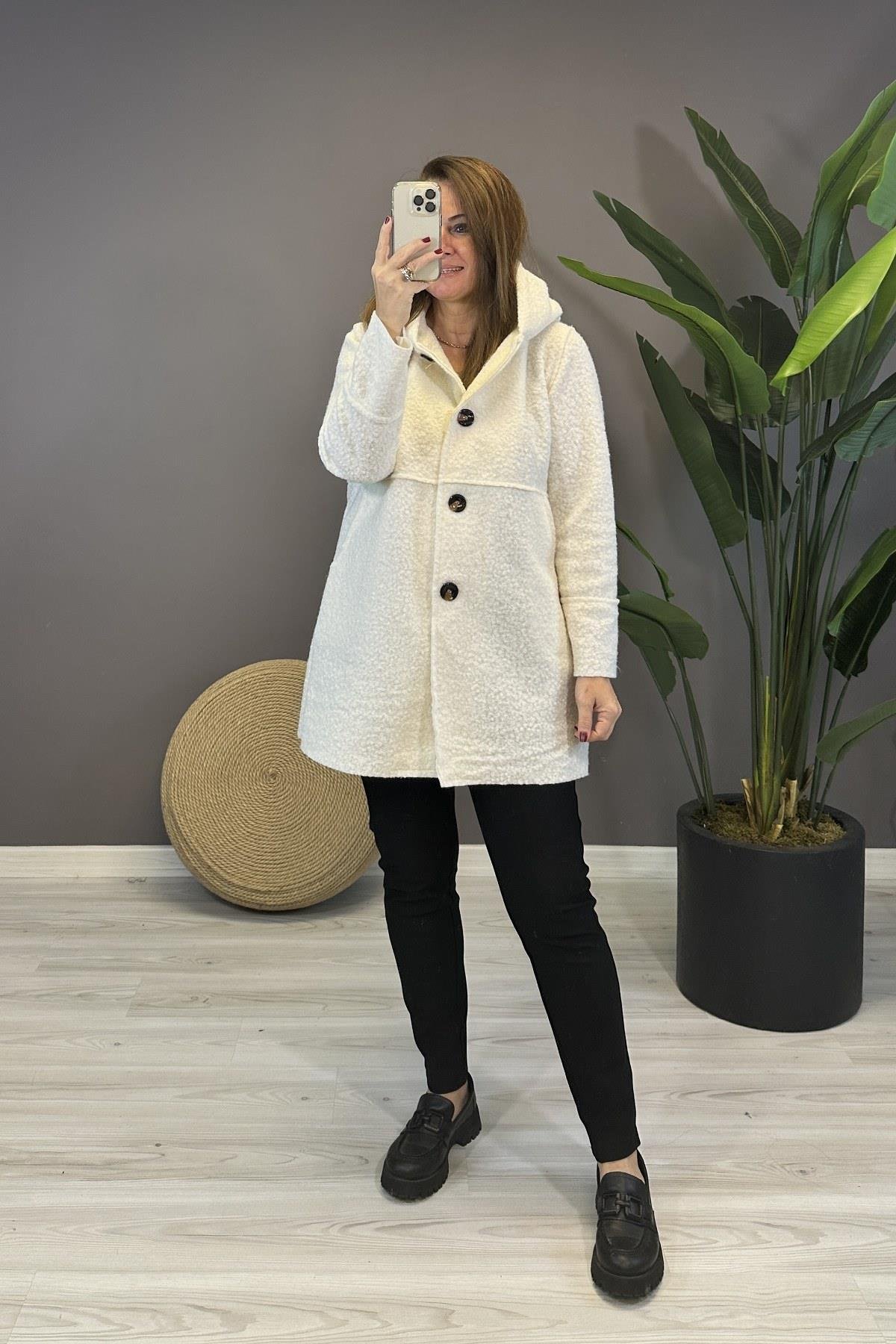 Dikiş Detaylı Kapüşonlu Buklet Mont Beyaz 23128