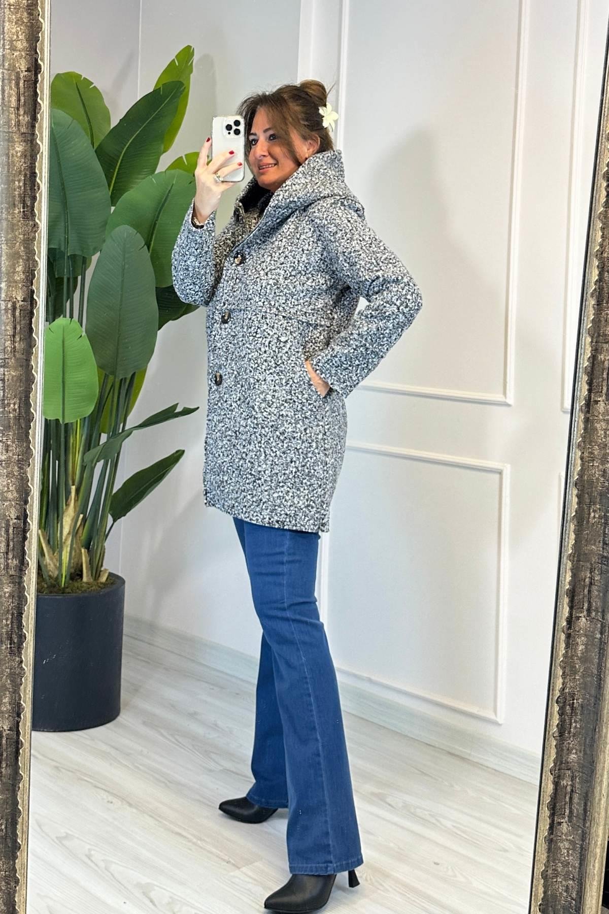 Dikiş Detaylı Kapüşonlu Buklet Mont Gri 23128